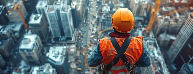 A construction worker stands on a building, looking out at the city