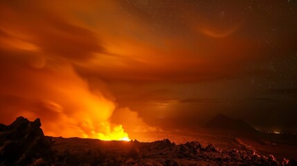 Wall Mural - the night sky is illuminated by the intense orange glow of a volcanic eruption.