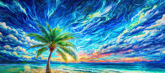 Wall Mural - Palm tree on tropical beach with blue sky and white clouds abstract background. 
