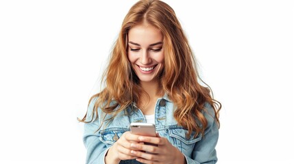 happy young woman using smartphone smiling and texting cut out image isolated on white background lifestyle photography