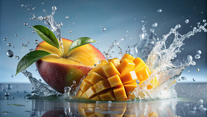Wall Mural - A slice of ripe mango falling into a pool of water, creating a burst of refreshing splashes