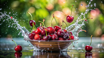 Wall Mural - A bowl of cherries being tipped over into a shallow pool, creating a playful splash 
