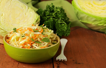 Sticker - cabbage salad, coleslaw with herbs on the table