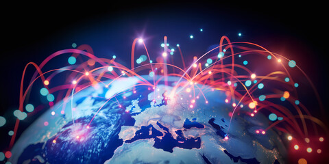 Global network on earth globe, world finance connectivity, business trading, telecommunications