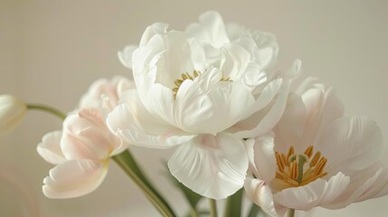 Wall Mural - isolated white peony flower and delicate tulip blossoms on plain background floral arrangement