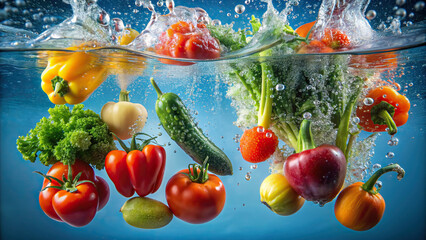 Poster - A captivating image of vegetables being submerged in clear water, with bubbles rising to the surface, symbolizing their freshness and purity
