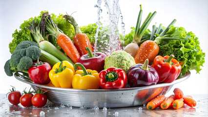 Wall Mural - Fresh vegetables arranged neatly and being gently rinsed with water, creating a serene and refreshing scene against a white background