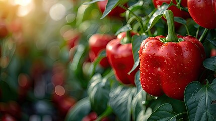 Canvas Print - A close-up of ripe red peppers growing on a plant.