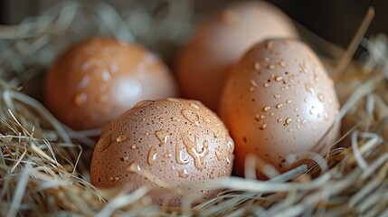 Wall Mural - A close-up of fresh eggs in a nest of straw.