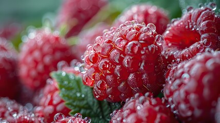 Wall Mural - A close-up of ripe raspberries covered in morning dew.