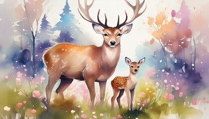 Poster - watercolor painting illustration of deer with his little cute cub