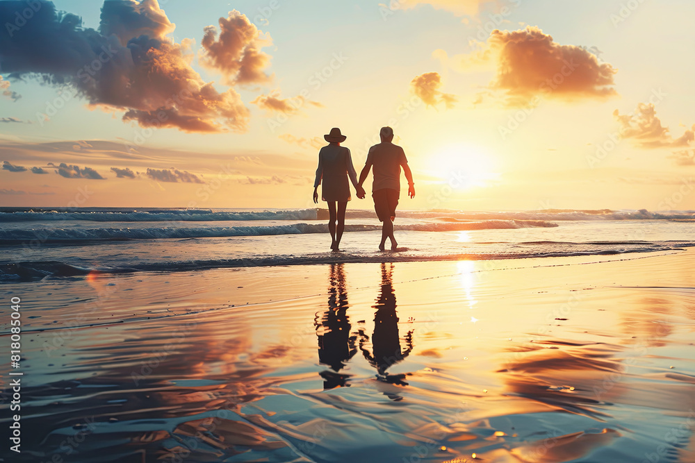 Senior couple walking on the beach holding hands at sunrise, plan life ...