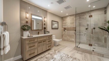 Wall Mural - Contemporary bathroom featuring a glass shower, floating vanity, and stylish decor