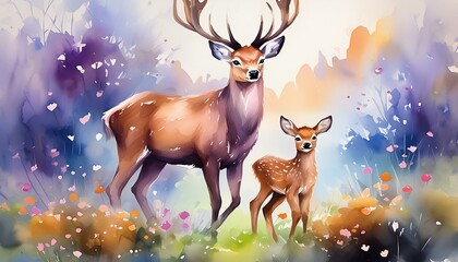 Sticker - watercolor painting illustration of deer with his little cute cub