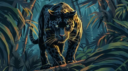 Wall Mural - majestic black panther prowling in dense jungle powerful feline predator wildlife illustration