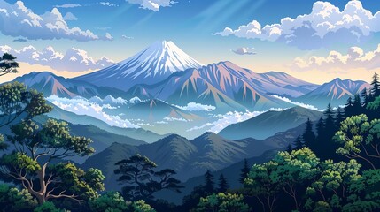 Wall Mural - majestic japanese mountain landscape with snowcapped peaks and lush valleys scenic illustration