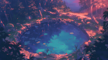 Wall Mural - illustration of a pond in a fairy tale forest seen from above