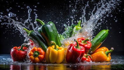 Wall Mural - A medley of colorful peppers and zucchinis being showered with water, droplets dancing in the air against a dark surface