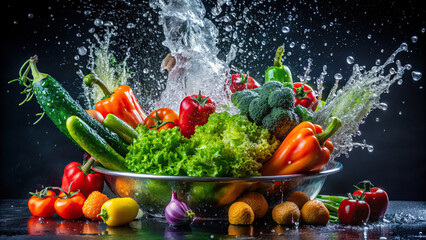 Wall Mural - A mixture of fresh vegetables undergoing a thorough washing process, water splashes frozen in mid-air against a dark background