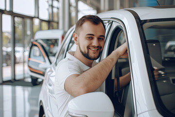 Man happy customer male buyer client in shirt get out car touch door look camera salon drive choose auto want buy new automobile in showroom vehicle
