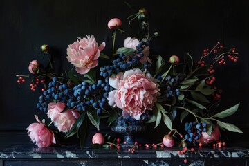 Wall Mural - still life with pink peonies, blue thorns and berries