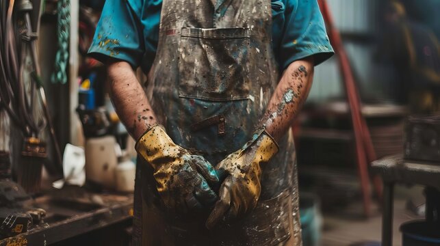 man in dirty apron and gloves industrial or messy work concept blue collar job photography