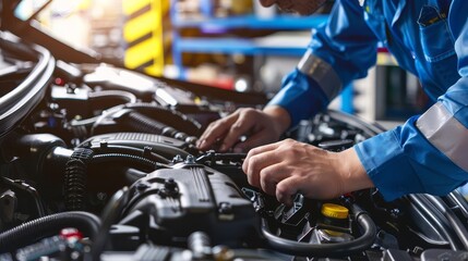 mechanic carefully checking car engine during diagnostic process in auto repair shop closeup view