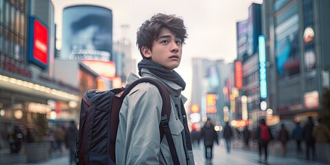 Wall Mural - In front of a hectic city street, a man with a backpack stands