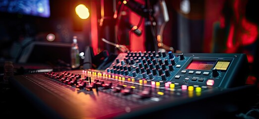 A grand sound mixing board with an array of knobs and buttons.