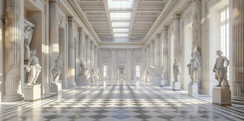 Wall Mural - White marble statues and sculptures in an empty museum room with columns, ambient light from above, modern design furniture, high resolution, photorealistic,