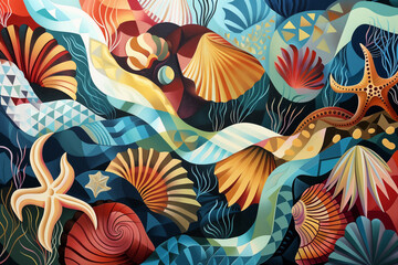 Wall Mural - Marine life with starfish, shell, and seaweed abstract background