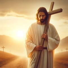 A jesus christ in a robe holding a cross art lively image attractive art.