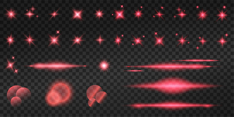 Wall Mural - Set of realistic vector red stars png. Set of vector suns png. Red flares with highlights.