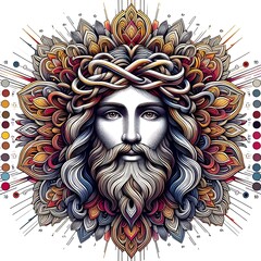 Wall Mural - A drawing of a jesus christ with a beard and colorful leaves image card design meaning card design realistic.