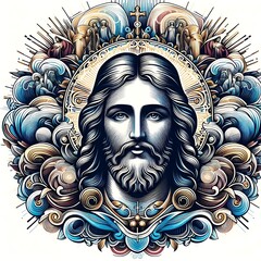 Wall Mural - A drawing of a jesus christ with long hair and a beard photos lively.