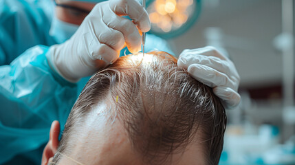 Doctor or surgeon performing a hair implant on a patient with baldness or hair loss. Hair implantation process in a clinic.