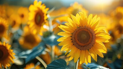 Wall Mural - A field of sunflowers with their heads turned towards the sun.