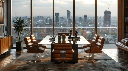 High-detail photo of a dining area with a contemporary glass table, leather chairs, and a large window with a city view