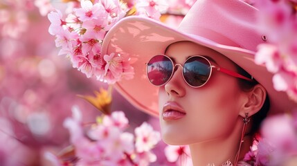 Wall Mural - A woman wearing a pink hat and sunglasses, strolling through a blooming cherry blossom garden