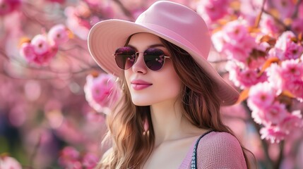 Wall Mural - A woman wearing a pink hat and sunglasses, strolling through a blooming cherry blossom garden