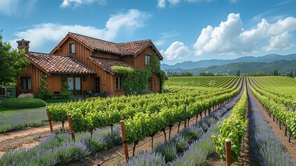 Canvas Print - A picturesque farm with rows of grapevines stretching into the distance.