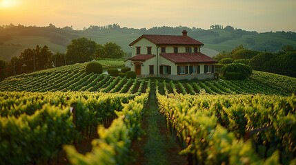 A picturesque farm with rows of grapevines stretching into the distance.