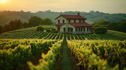 Poster - A picturesque farm with rows of grapevines stretching into the distance.