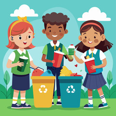 Children recycling and sorting waste outdoors. Flat illustration on a blue background. Environmental education and sustainability concept. Design for poster, banner, print.