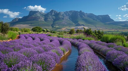 Wall Mural - A picturesque field of lavender with a mountain range in the background.