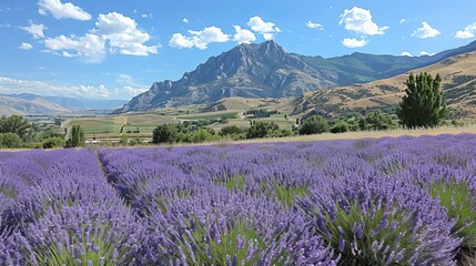Poster - A picturesque field of lavender with a mountain range in the background.