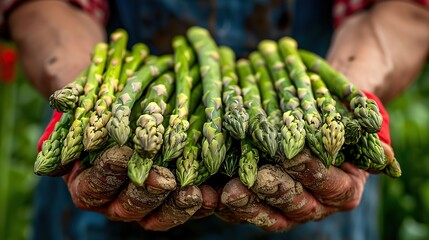 Wall Mural - A farmer's hands holding a bundle of fresh asparagus spears.