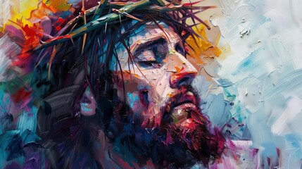 Wall Mural - pensive jesus portrait with crown of thorns eyes closed in prayer colorful oil painting