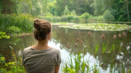 Sticker - A young woman enjoying the view of a tranquil lake surrounded by lush greenery