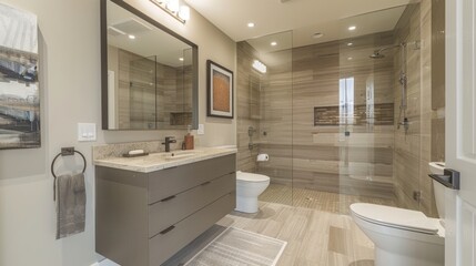 High-quality image of a bathroom featuring a wall-mounted toilet, sleek cabinetry, and a frameless shower door